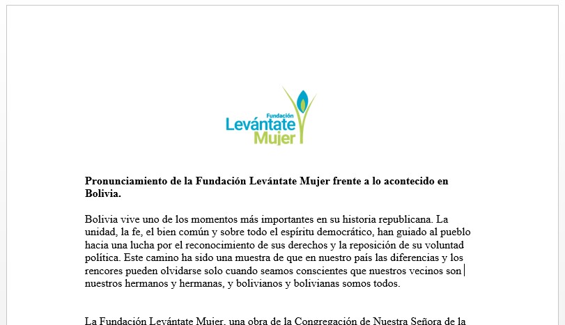 Pronunciamiento de la Fundación Levántate Mujer frente a lo acontecido en Bolivia