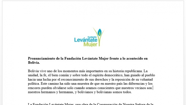 Pronunciamiento de la Fundación Levántate Mujer frente a lo acontecido en Bolivia